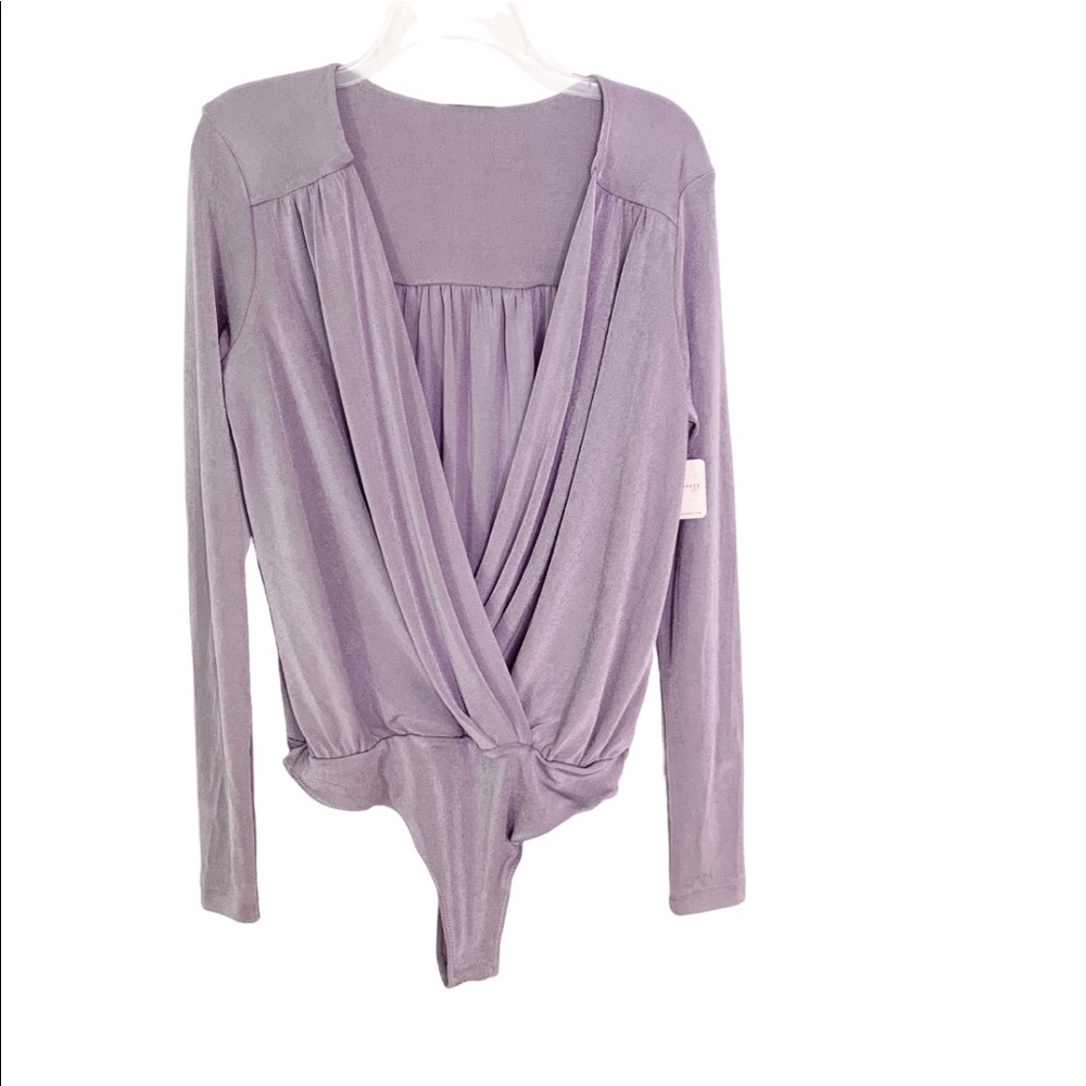 Free People Bodysuit Turnt Wrap Neck Long Sleeve Top Silver Mauve L NWT - Picture 5 of 10